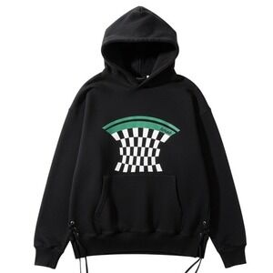 Krost Black Checkerboard Pullover Hoodie Leather Lacing Streetwear Sweatshirt L